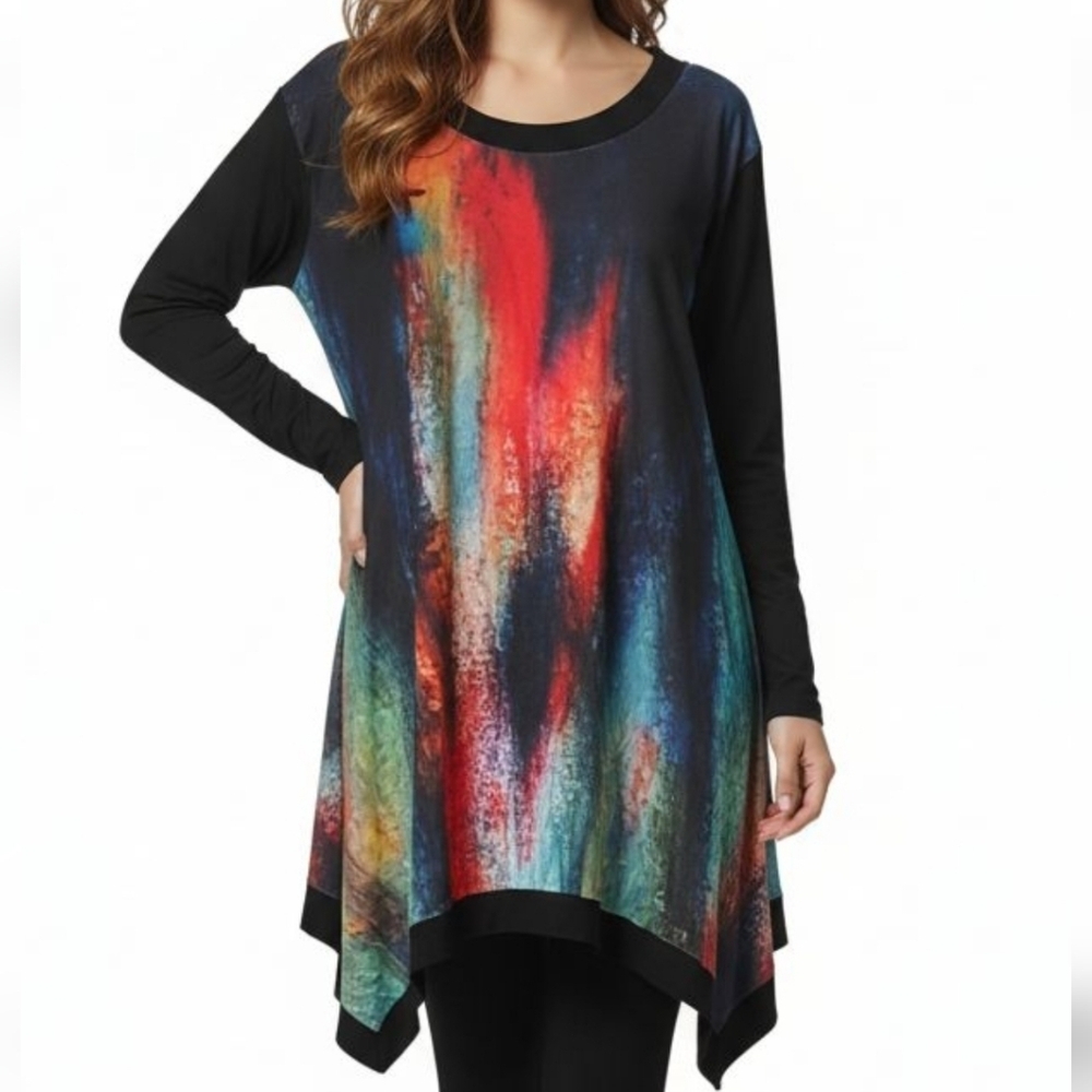 Jess & Jane Multicolored Scoop Neck  Asymmetrical Hem Long Sleeve Tunic Sz 3X